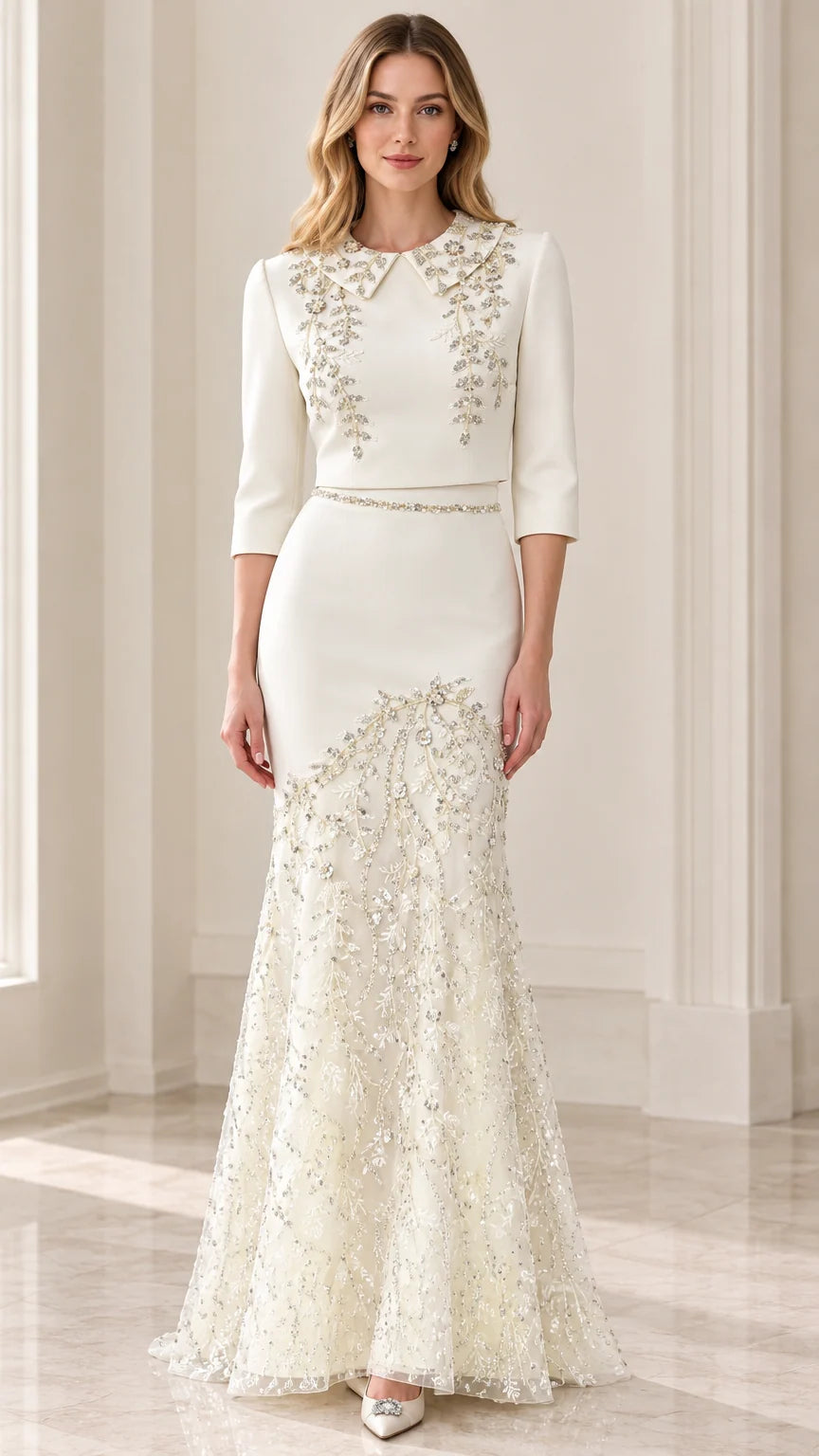 Full front view of model wearing Ivory beaded collar 3/4 sleeve mermaid evening gown