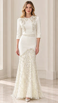 Full front view of model wearing Ivory beaded collar 3/4 sleeve mermaid evening gown