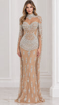 Champagne beaded illusion evening gown front view with cape sleeves