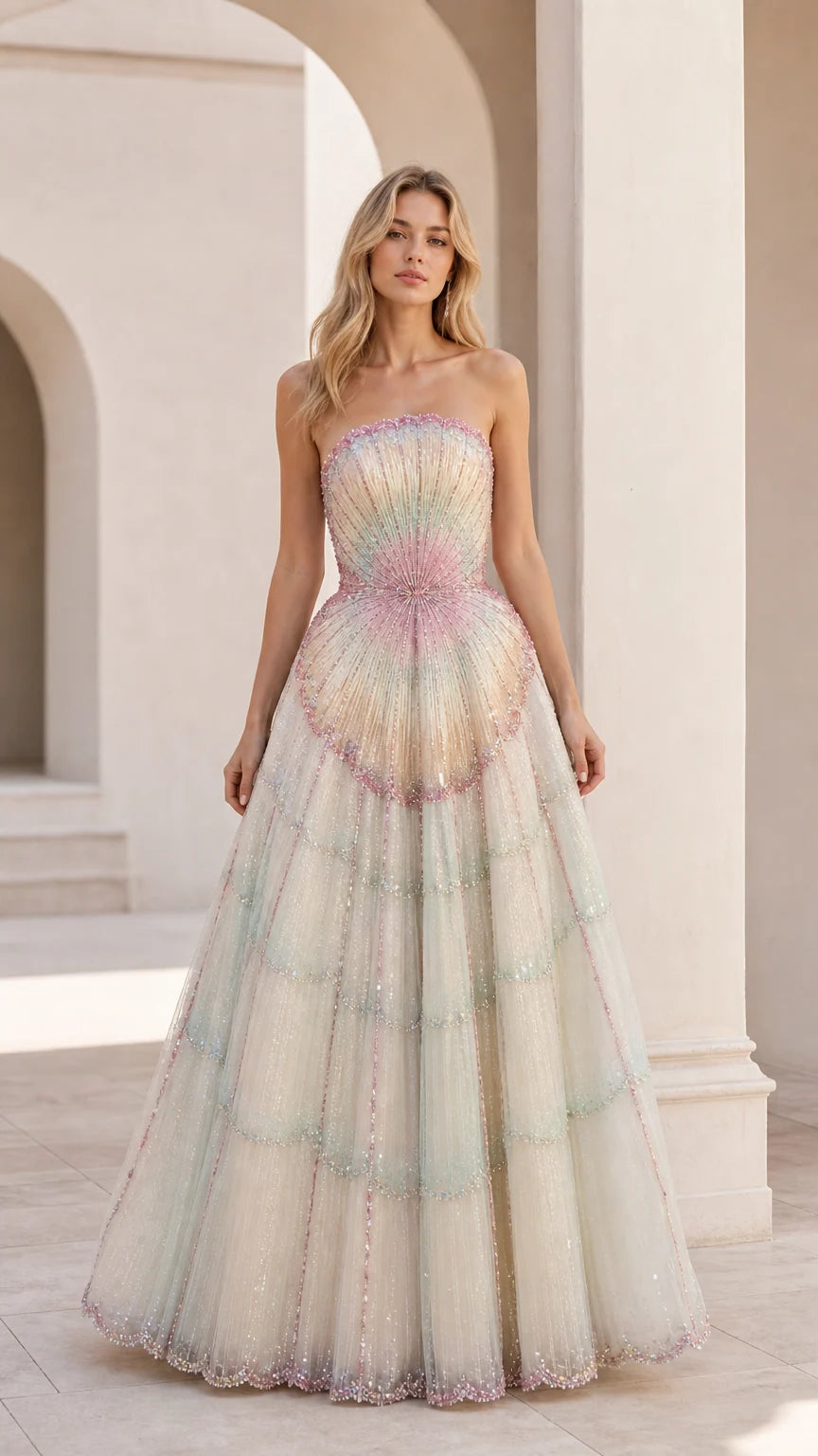 Front view of multi-color strapless tulle ball gown
