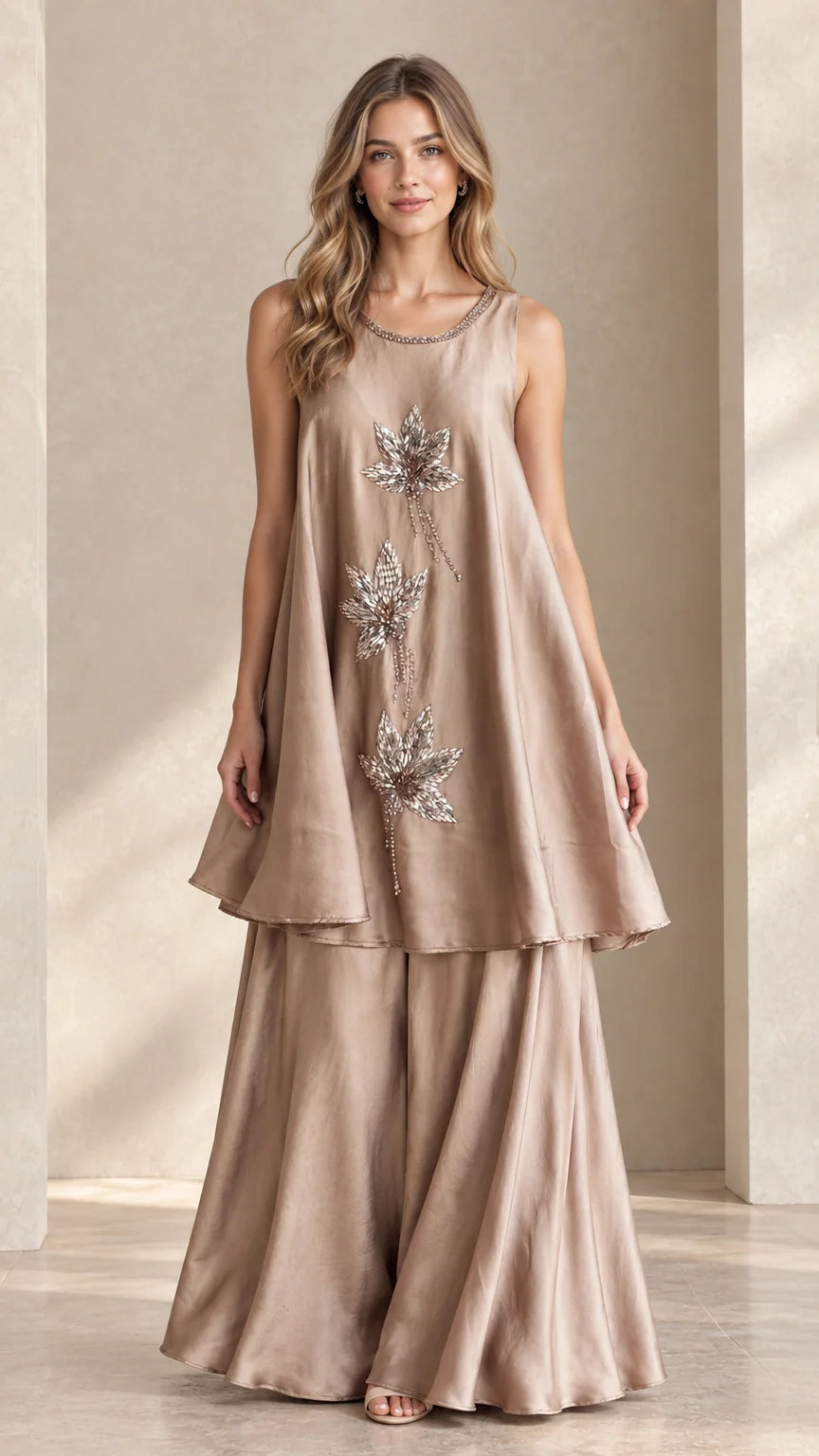 Front view of champagne sleeveless beaded tunic and palazzo pant set