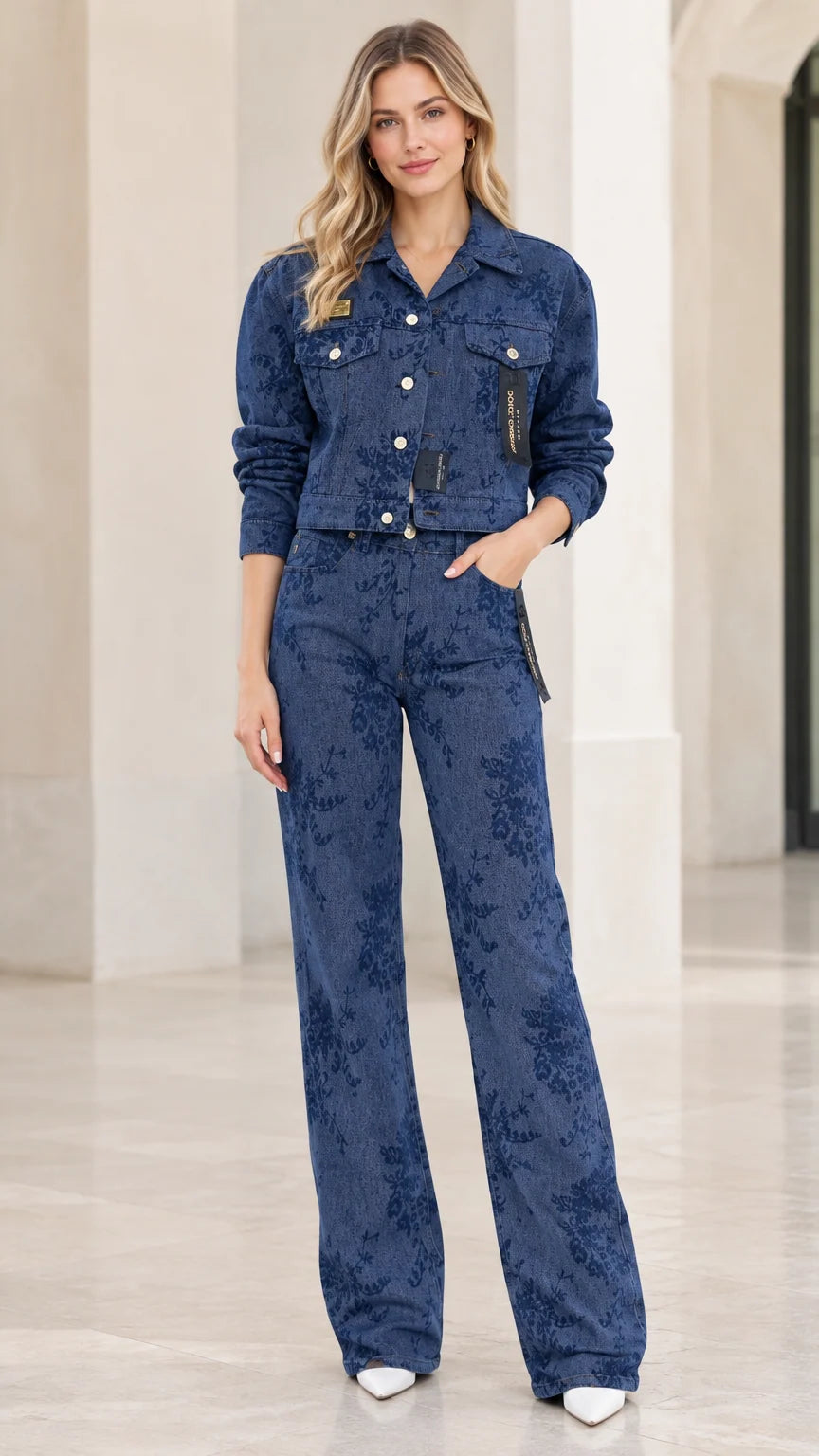 Full front view of model wearing denim blue floral pattern jacket and wide-leg pants set