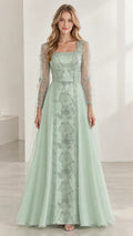 Sage Green square neck embroidered long sleeve evening gown front view