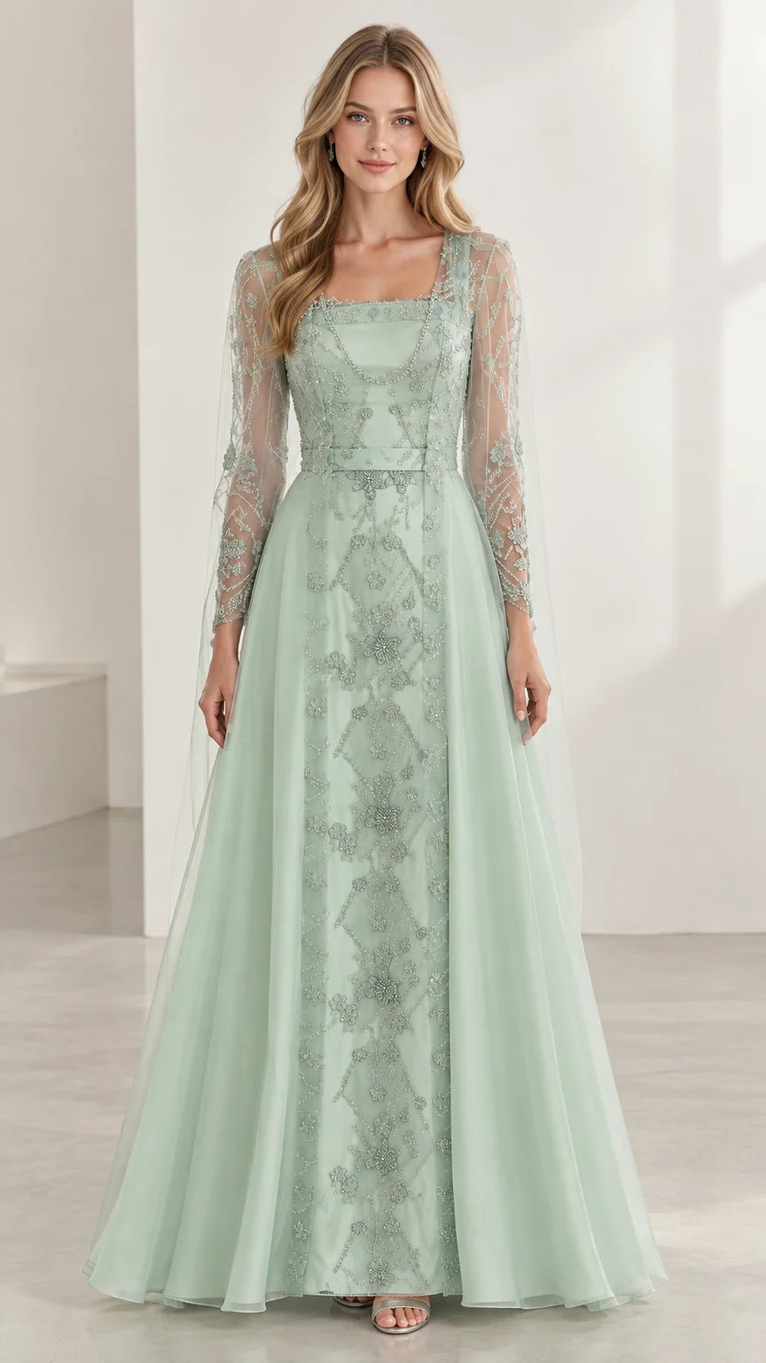 Sage Green square neck embroidered long sleeve evening gown front view