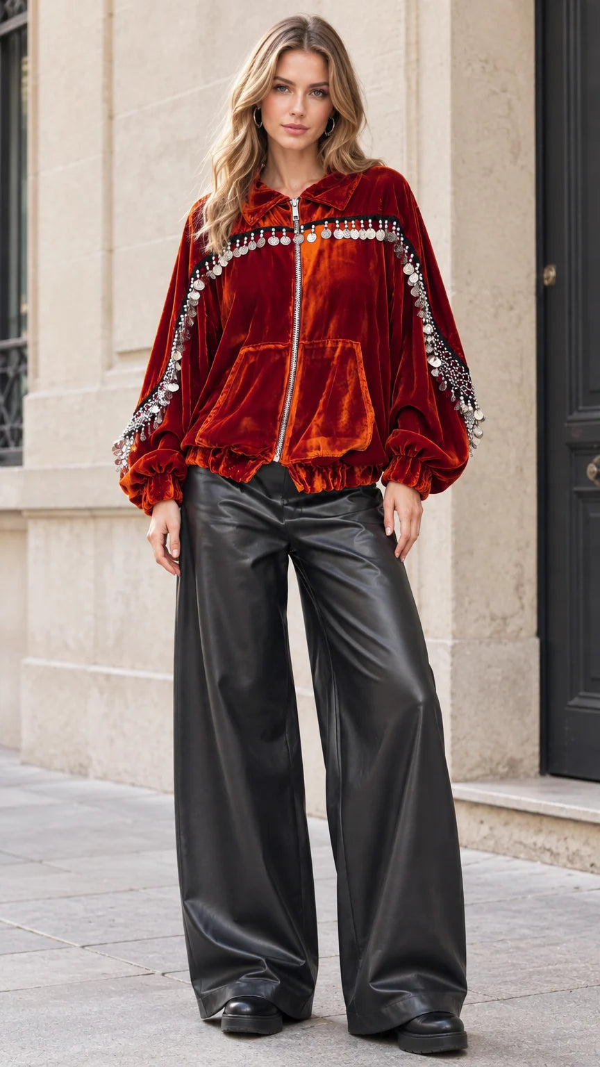 Front view of model wearing rust velvet zip-up jacket with coin fringe trims and black wide-leg trousers