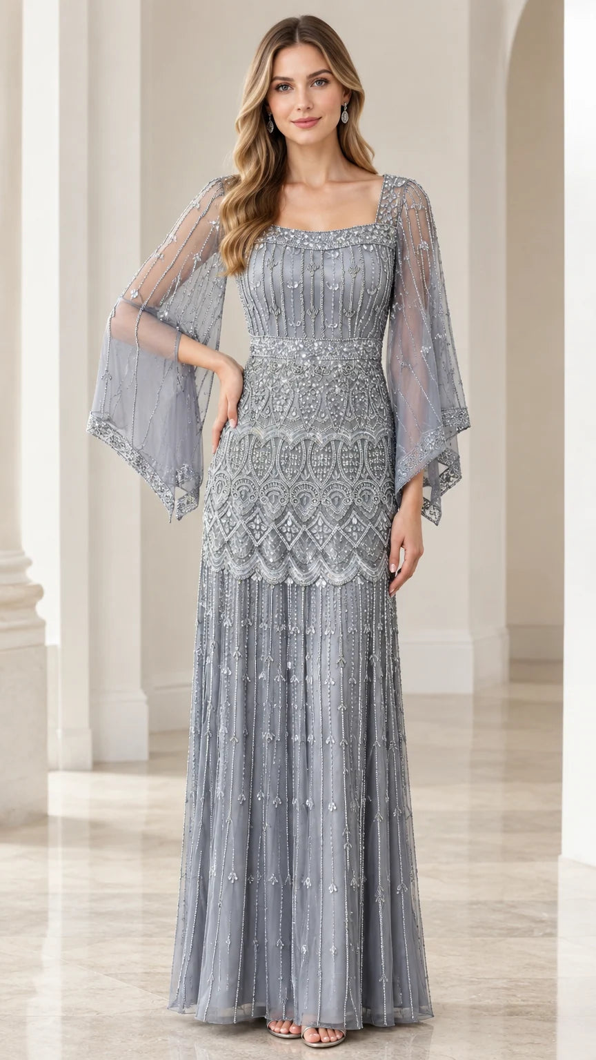 Dusty Blue beaded floor-length evening gown with flutter sleeves front view