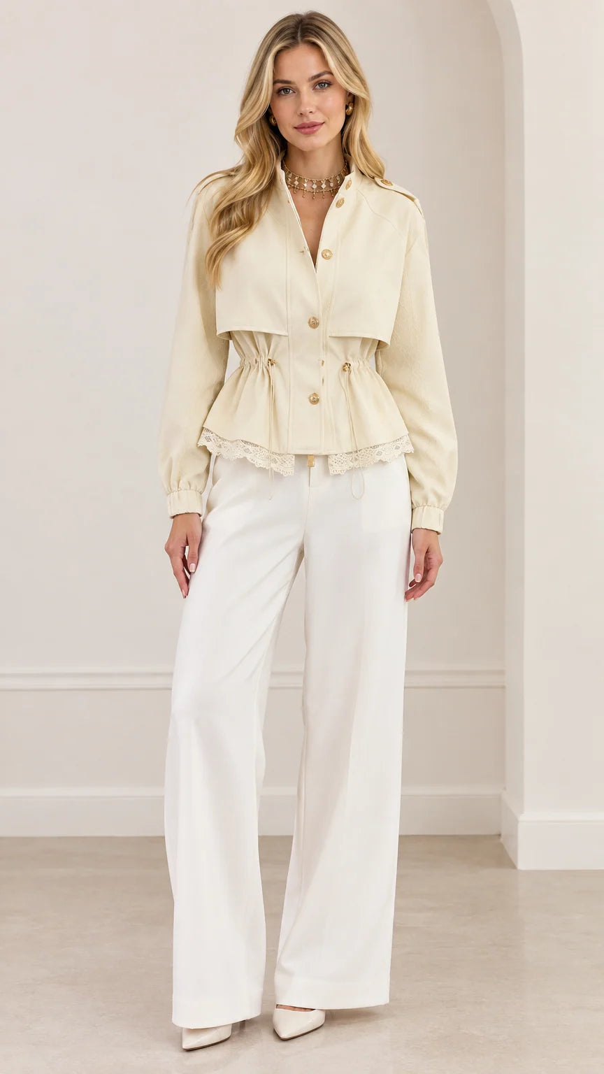 Front full-length view of woman wearing cream peplum trench jacket with white wide-leg pants