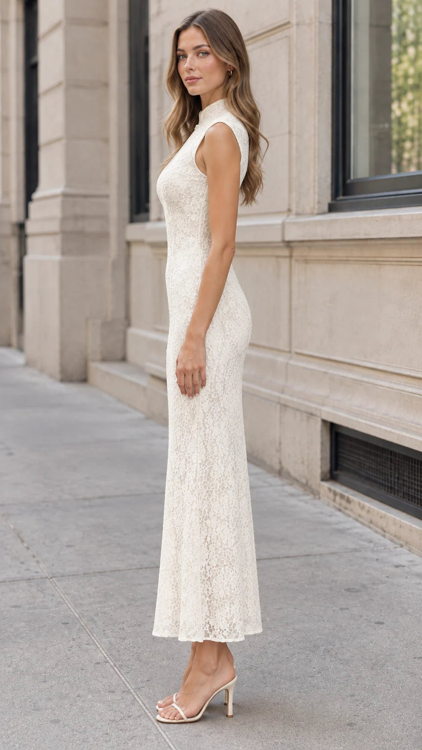 Side profile view of ivory floral lace sleeveless maxi dress