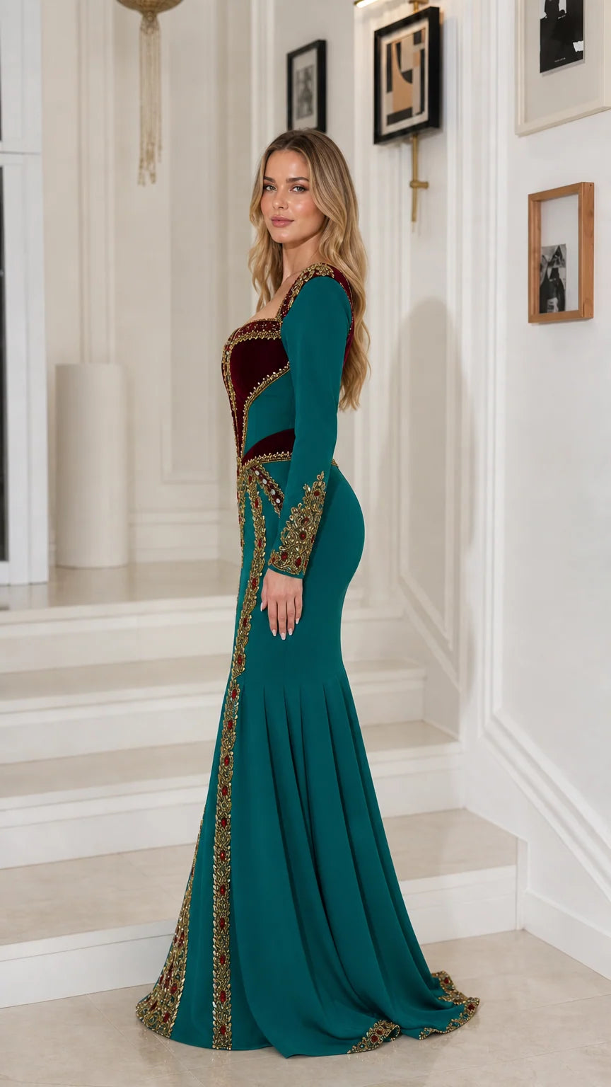 Side profile of teal embroidered mermaid formal dress