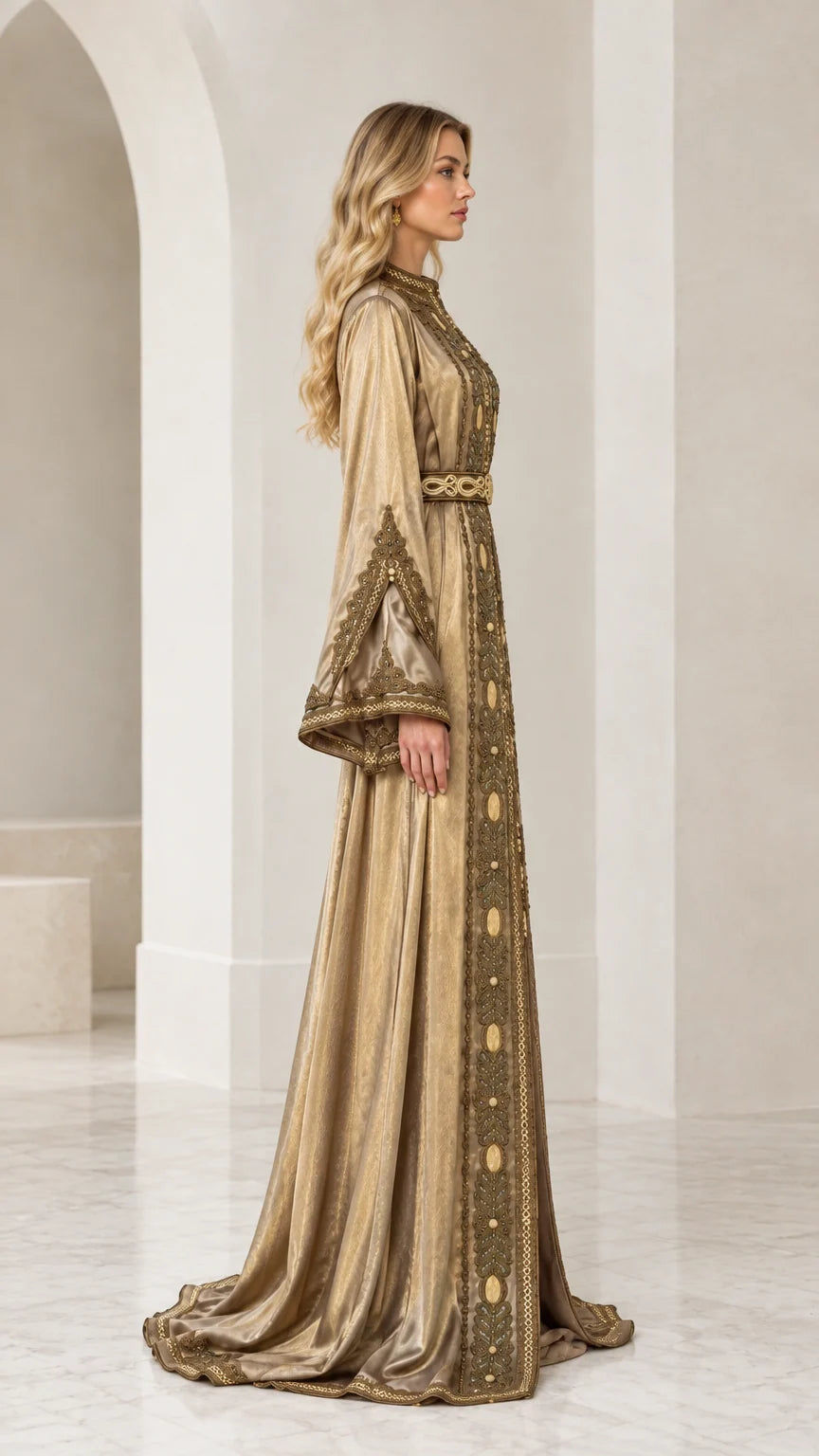 Side profile view of Champagne Gold metallic embroidered kaftan dress showing flared bell sleeves