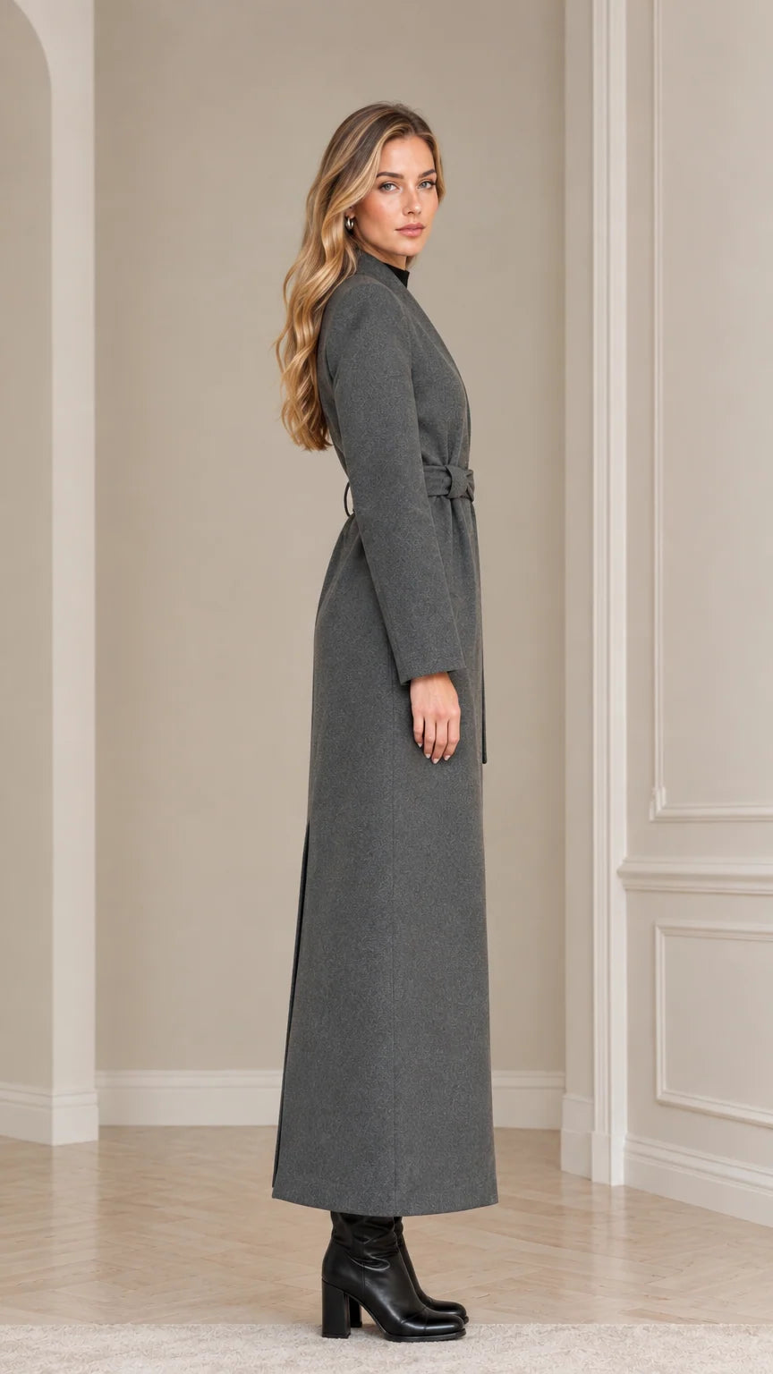 Side profile view of the Charcoal Grey tailored longline maxi coat