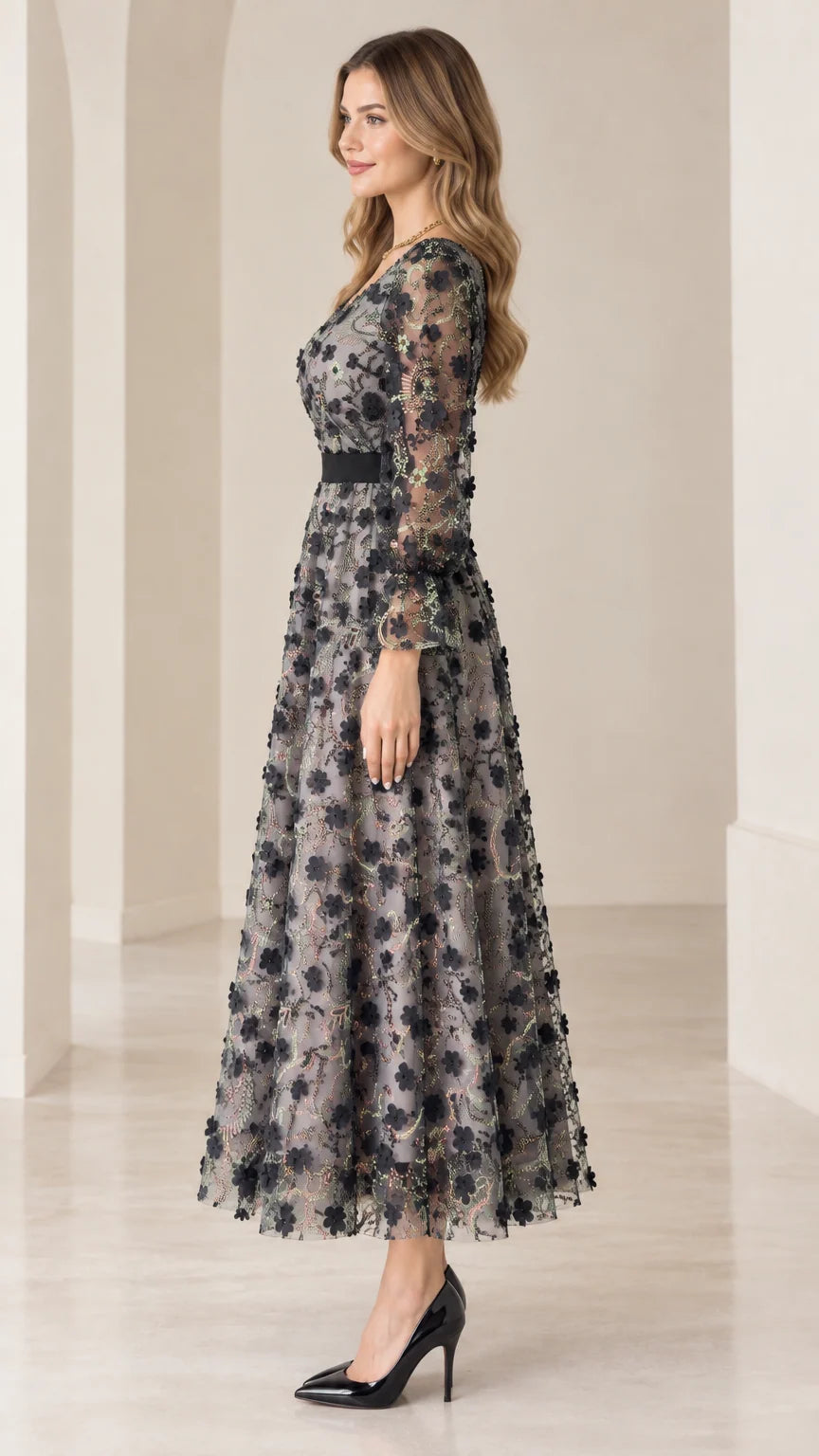 Side profile view of gray floral sequin A-line midi dress