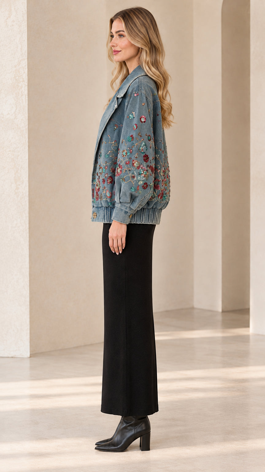 Side profile view of model wearing Denim Blue embroidered denim jacket