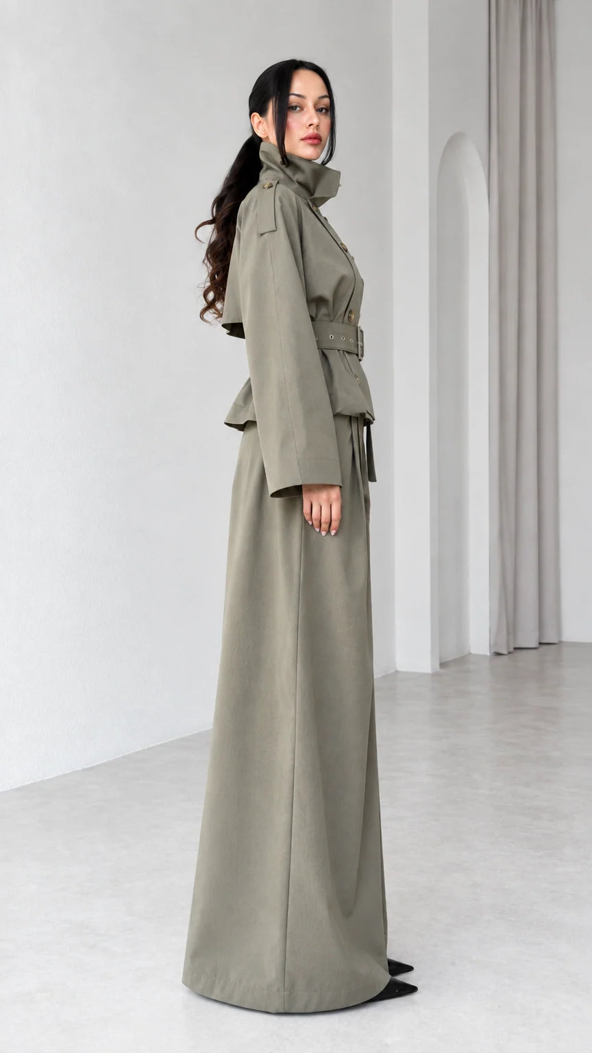 Side profile view of Sage Green wide-leg pant and belted trench suit set