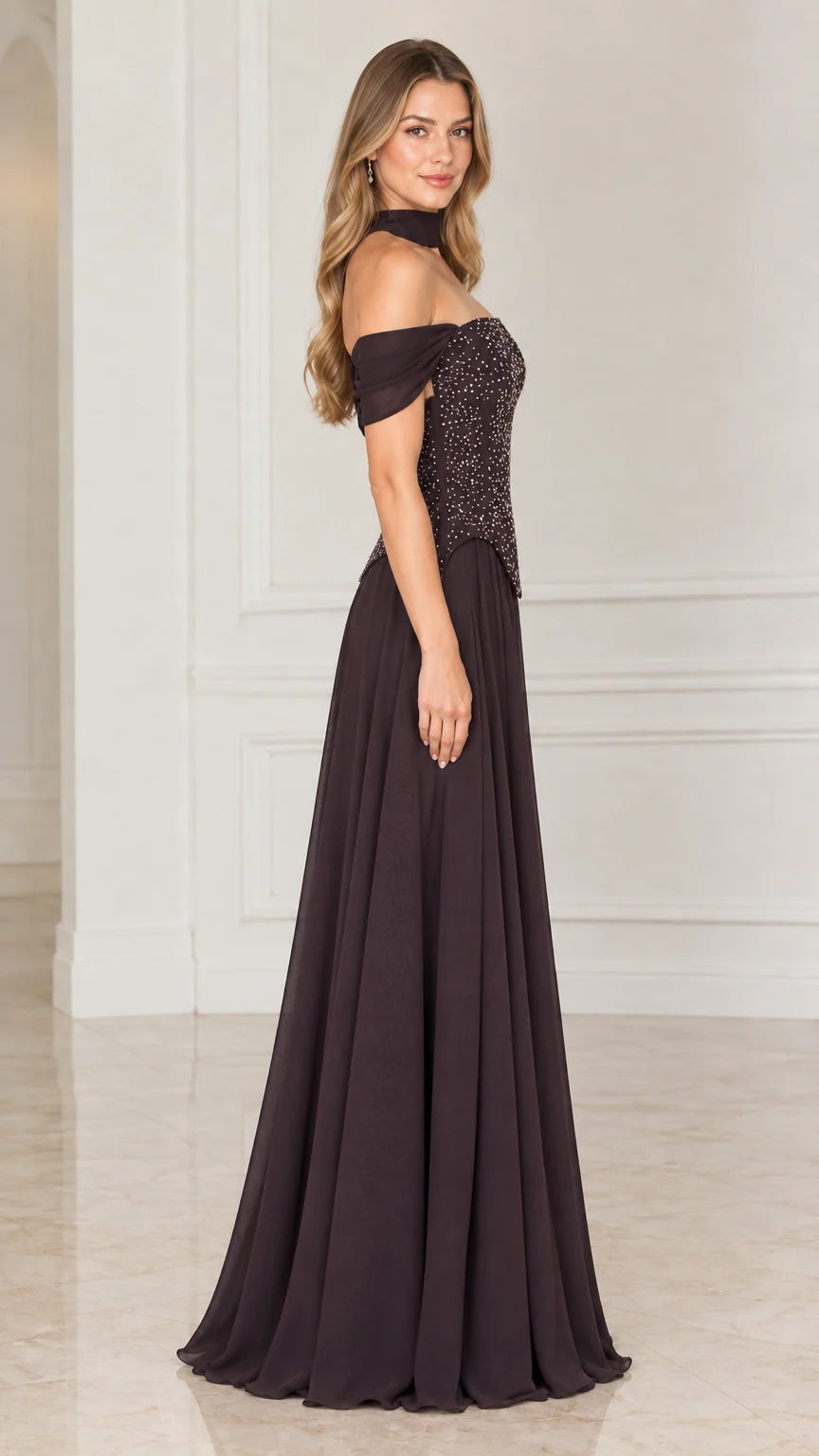 Side view of woman wearing plum beaded basque waist evening dress