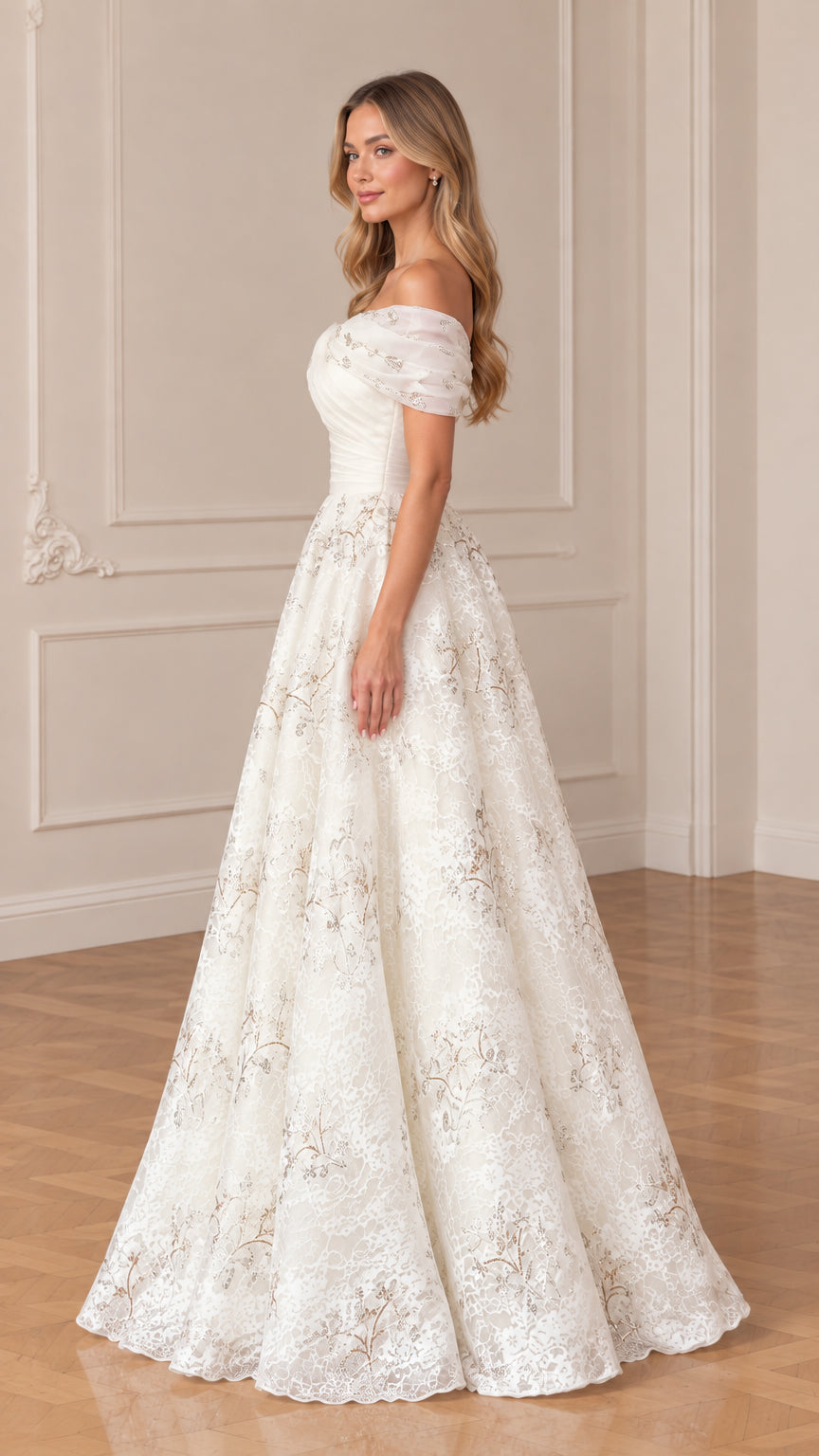 Side angle of model posing in ivory floral embroidered A-line formal dress