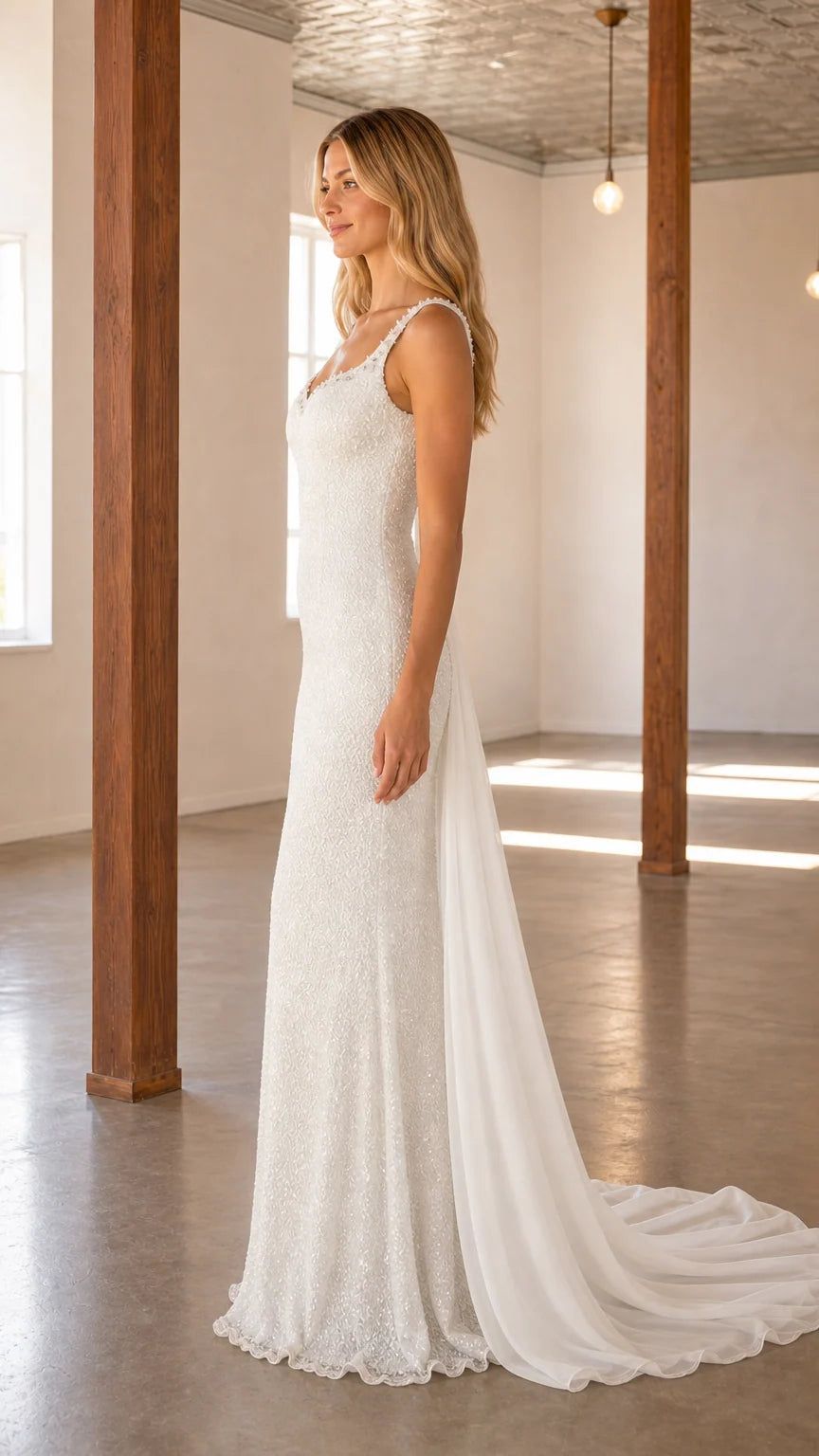 Side profile of white beaded wedding gown