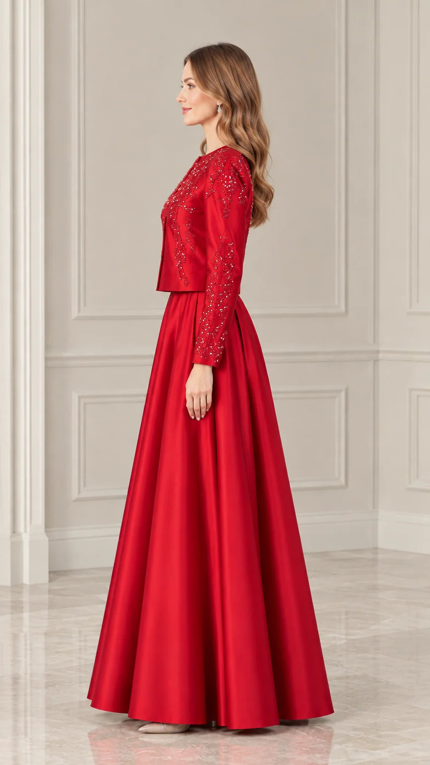 Side profile view of red long sleeve beaded formal dress set