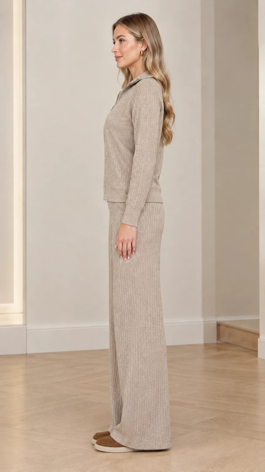 Side profile view of woman wearing Oatmeal Beige ribbed knit two-piece lounge set