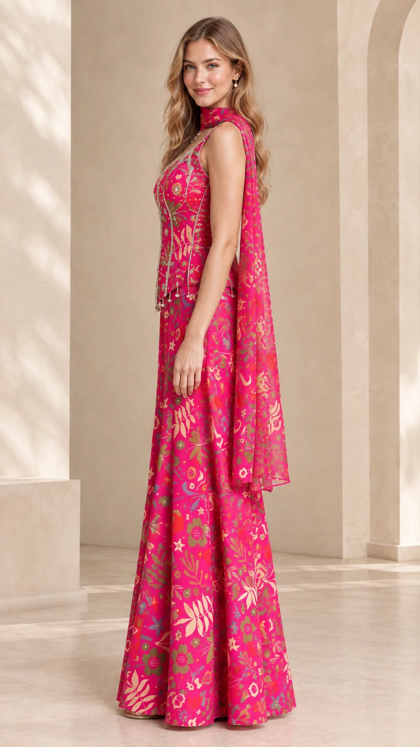 Side angle view of model wearing fuchsia floral wide-leg evening jumpsuit