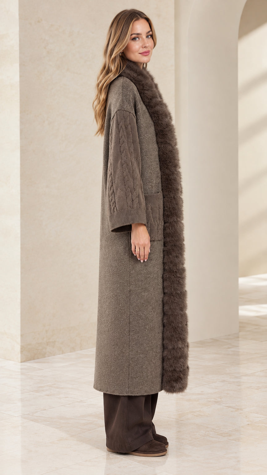 Taupe long knit cardigan side view showing ankle length