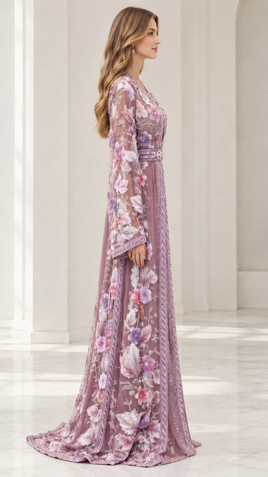 Side profile view of dusty mauve floral caftan maxi gown showing flowing silhouette