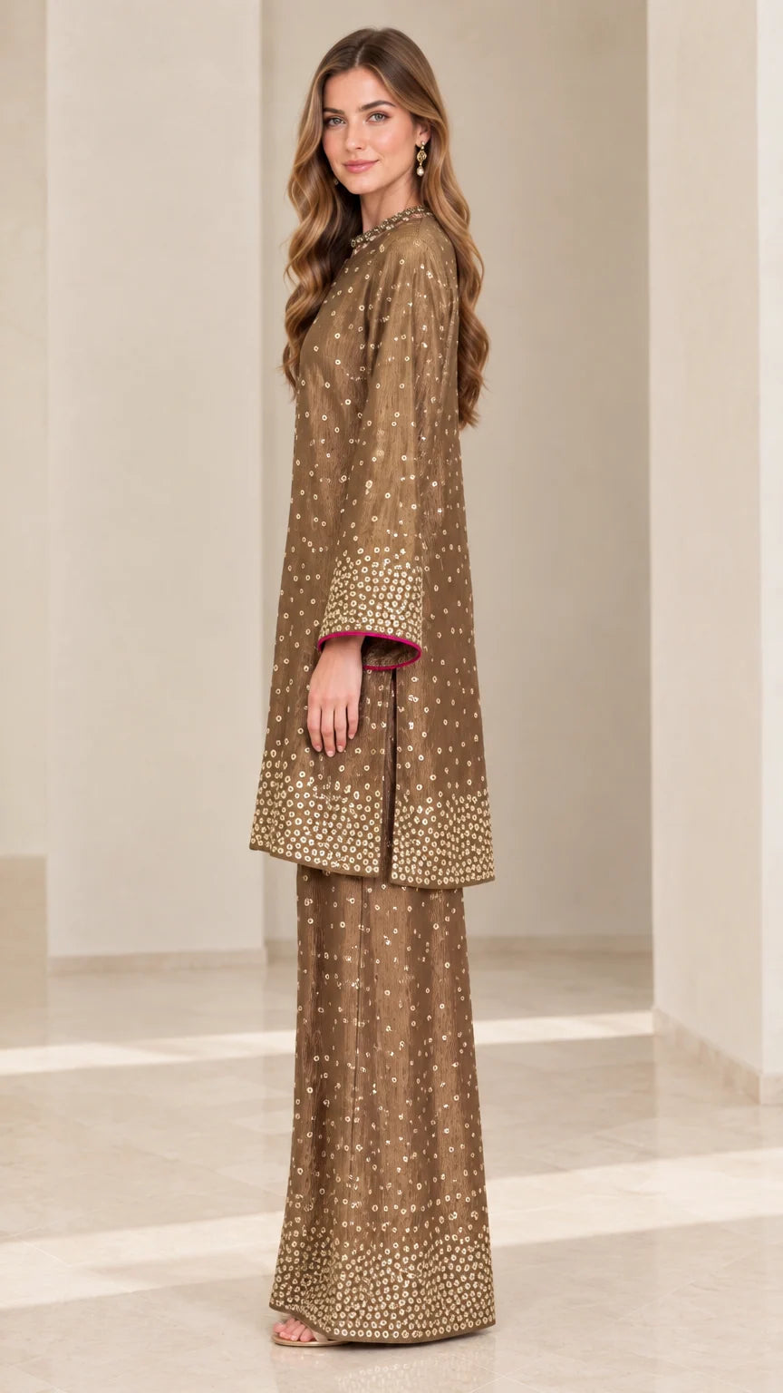 Side full-length view of Bronze embellished tunic with side slit and wide-leg pants