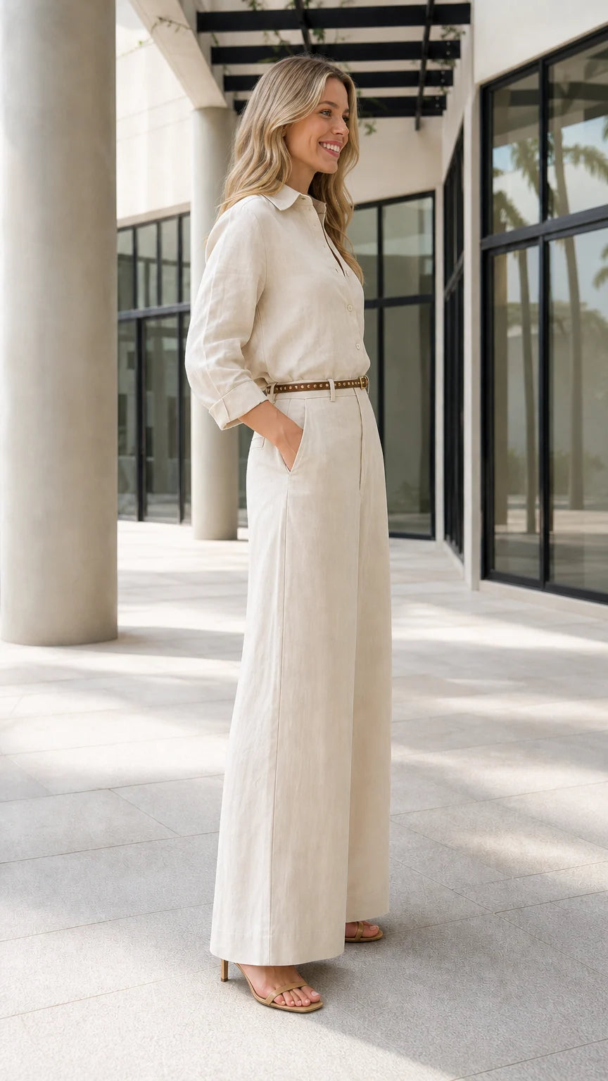 Side profile view of beige jumpsuit with belt and pockets