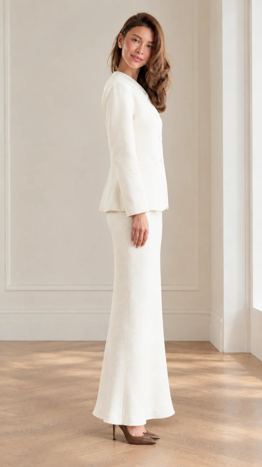 Side profile view of women's ivory tailored two-piece skirt suit set