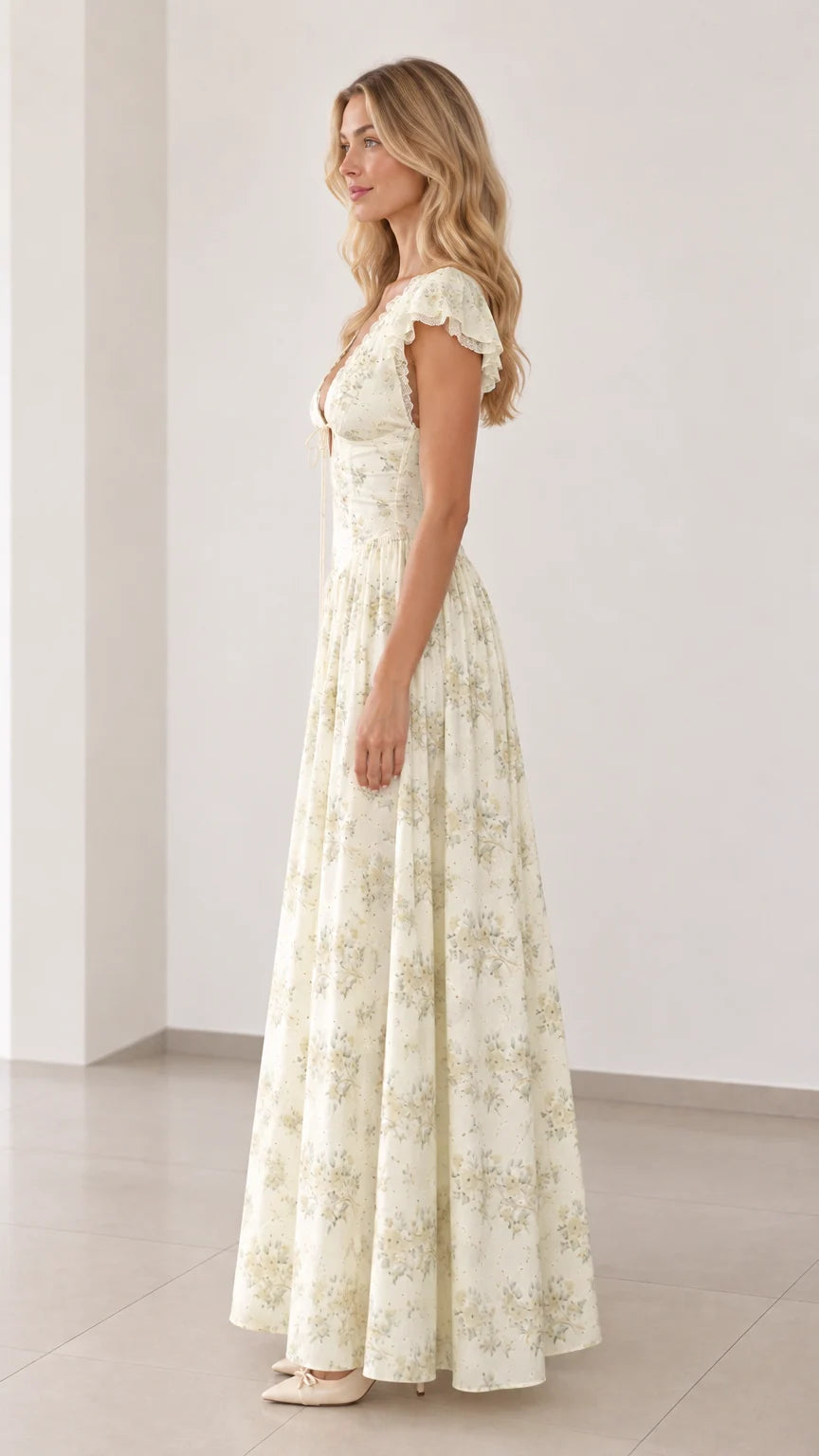 Side profile view of cream floral maxi dress showing fitted waist and flowy skirt