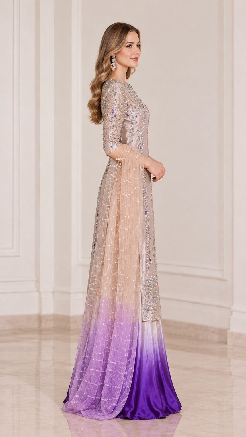 Side profile view of champagne and purple ombre formal three-piece set