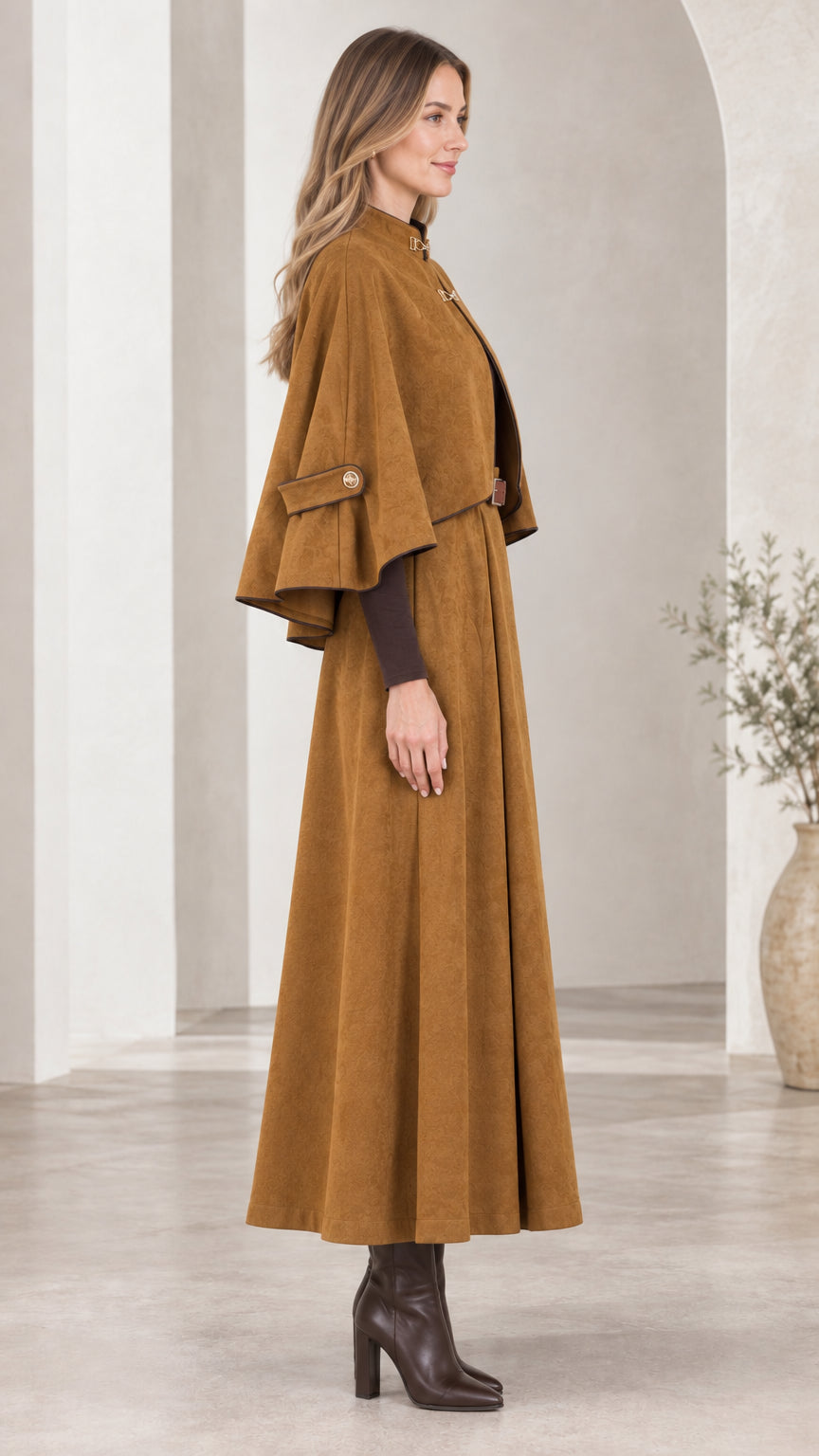 Side profile view of Camel vintage cape and pleated maxi skirt