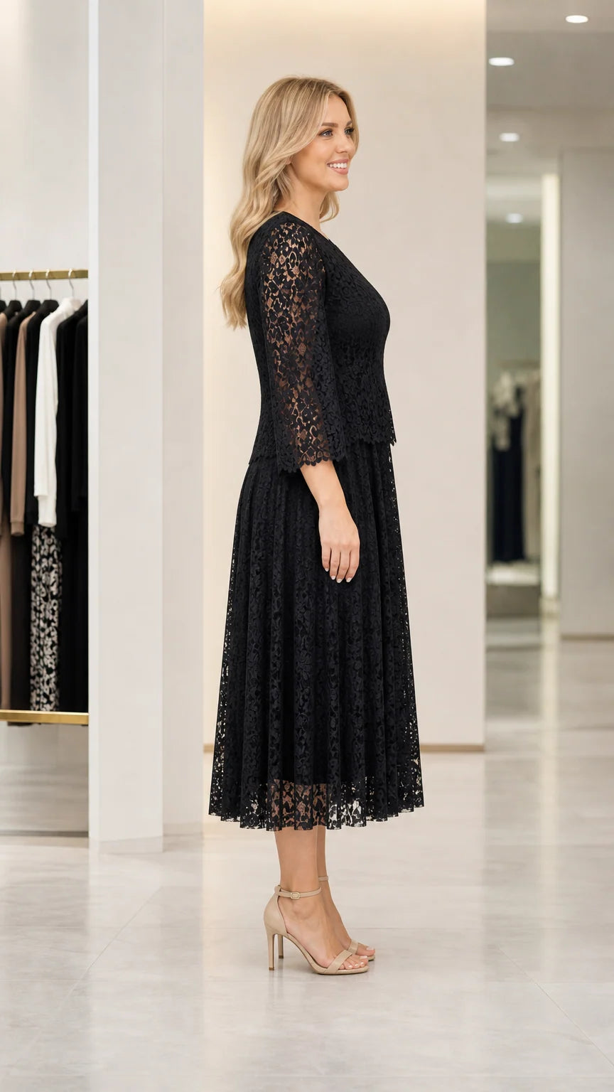 Side view of woman wearing black lace midi dress