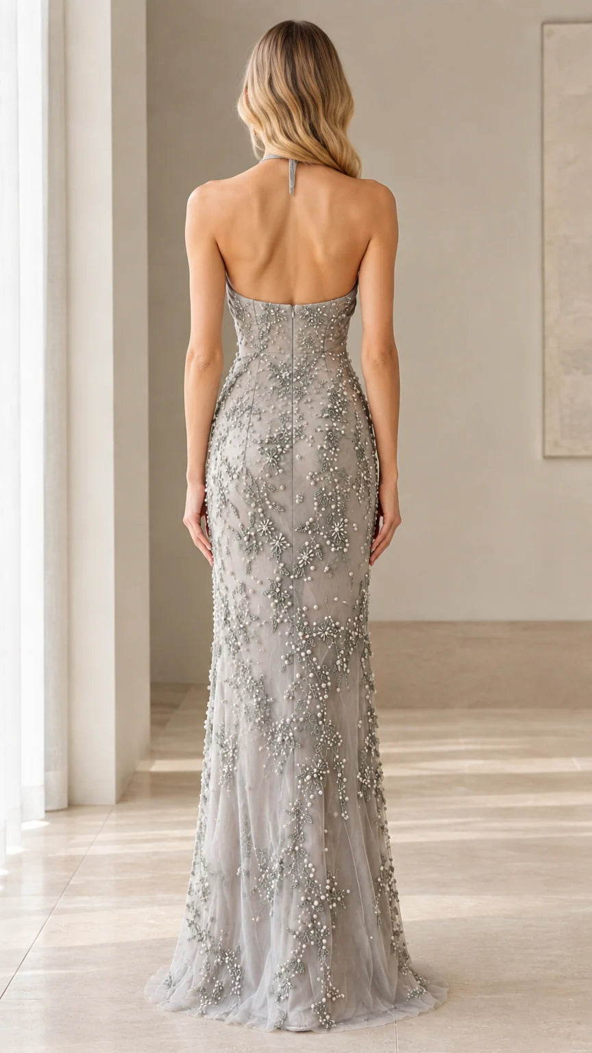 Back view of Silver Grey halter gown showing open back detail