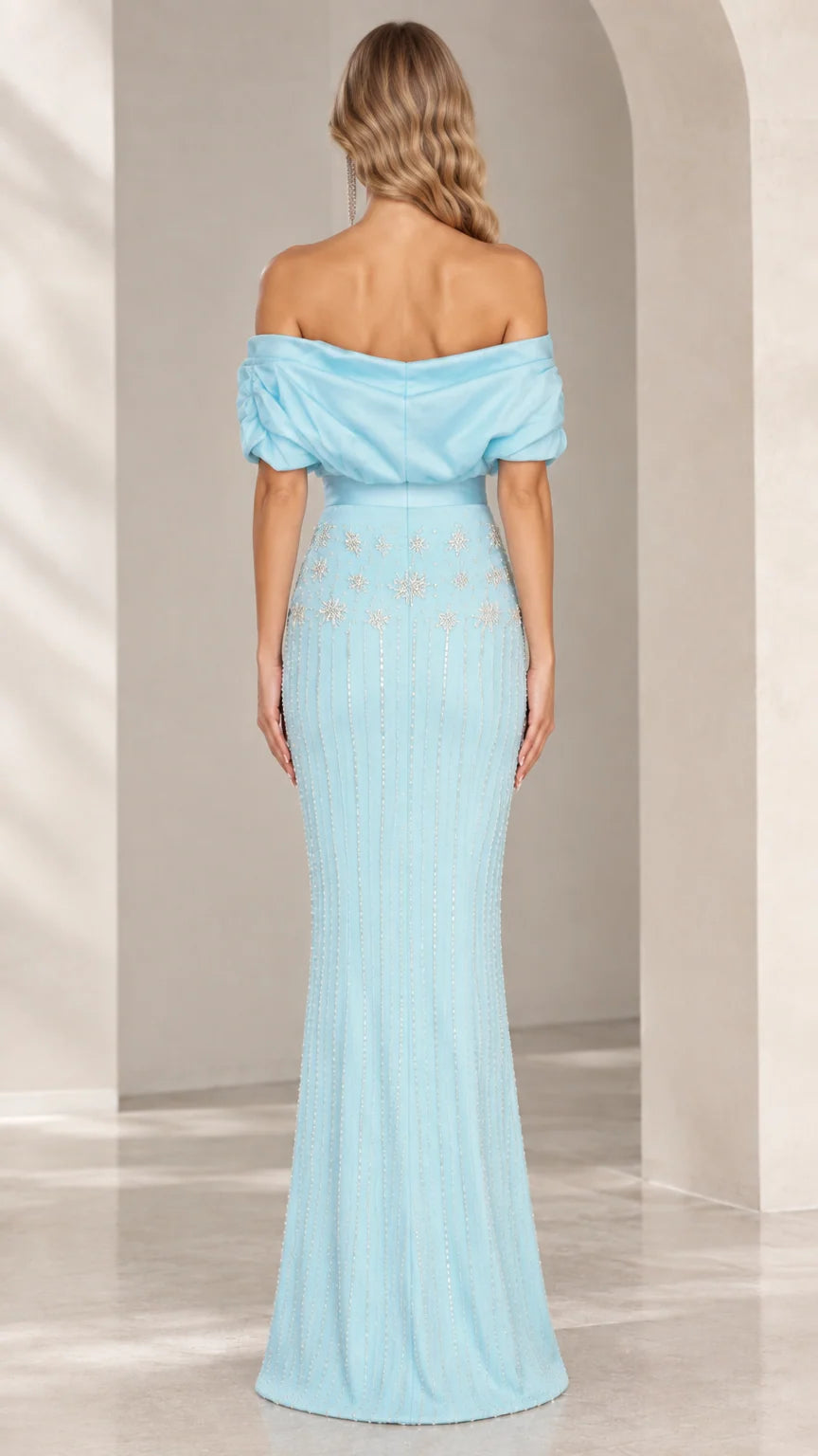 Back view of light blue off-the-shoulder floor-length evening dress