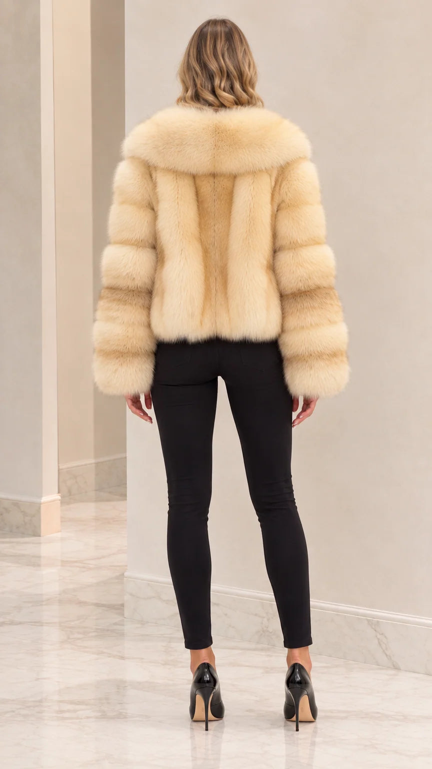 Back view of woman wearing Champagne Beige tiered faux fur jacket