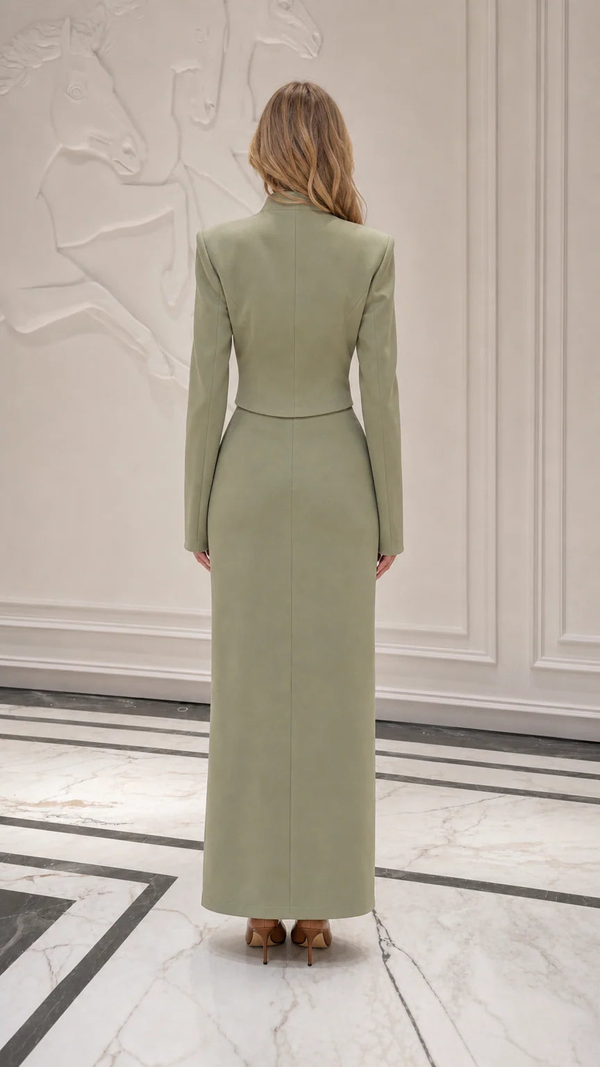 Back view of model wearing sage green matching set