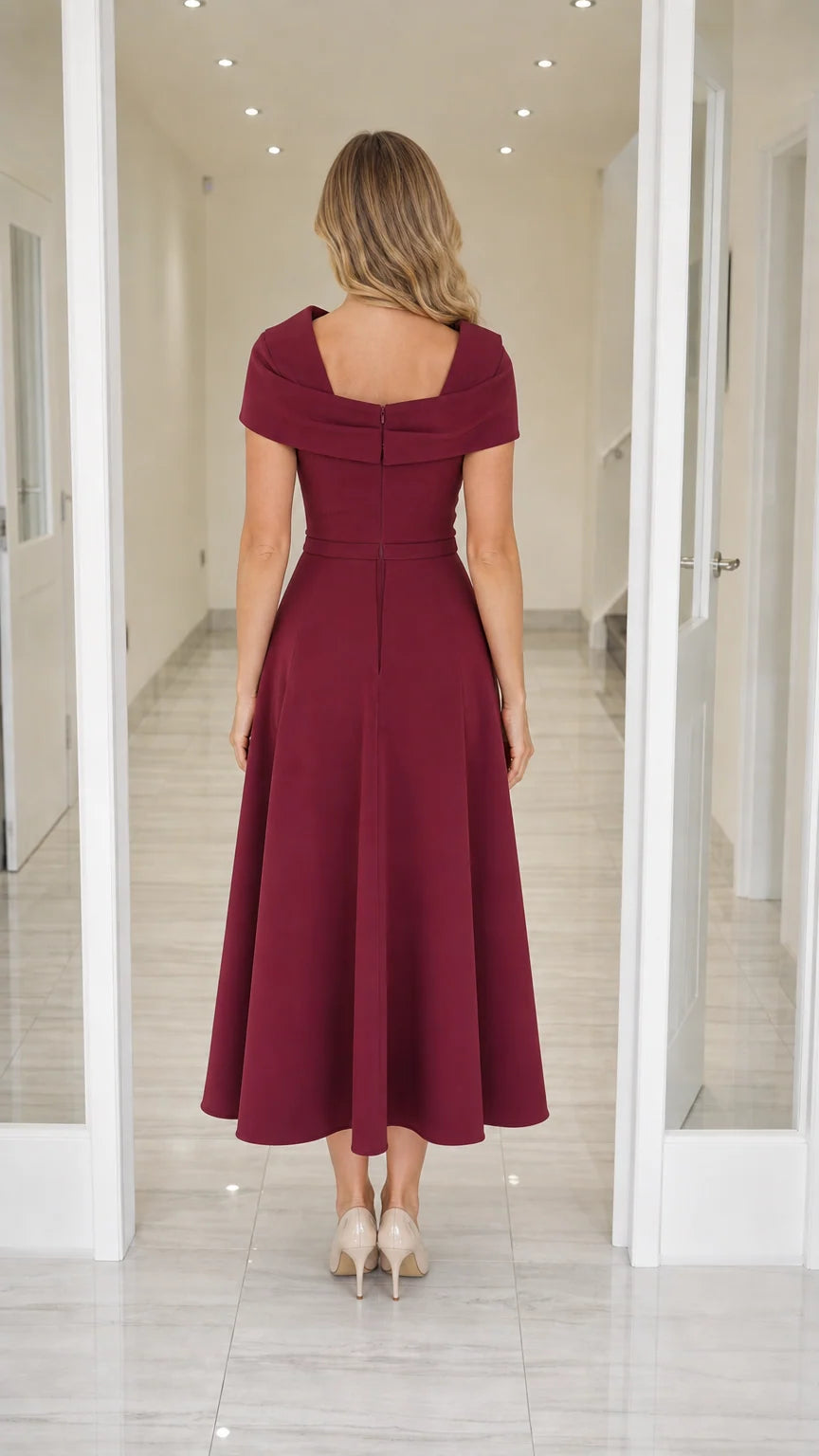 Back view of burgundy midi dress