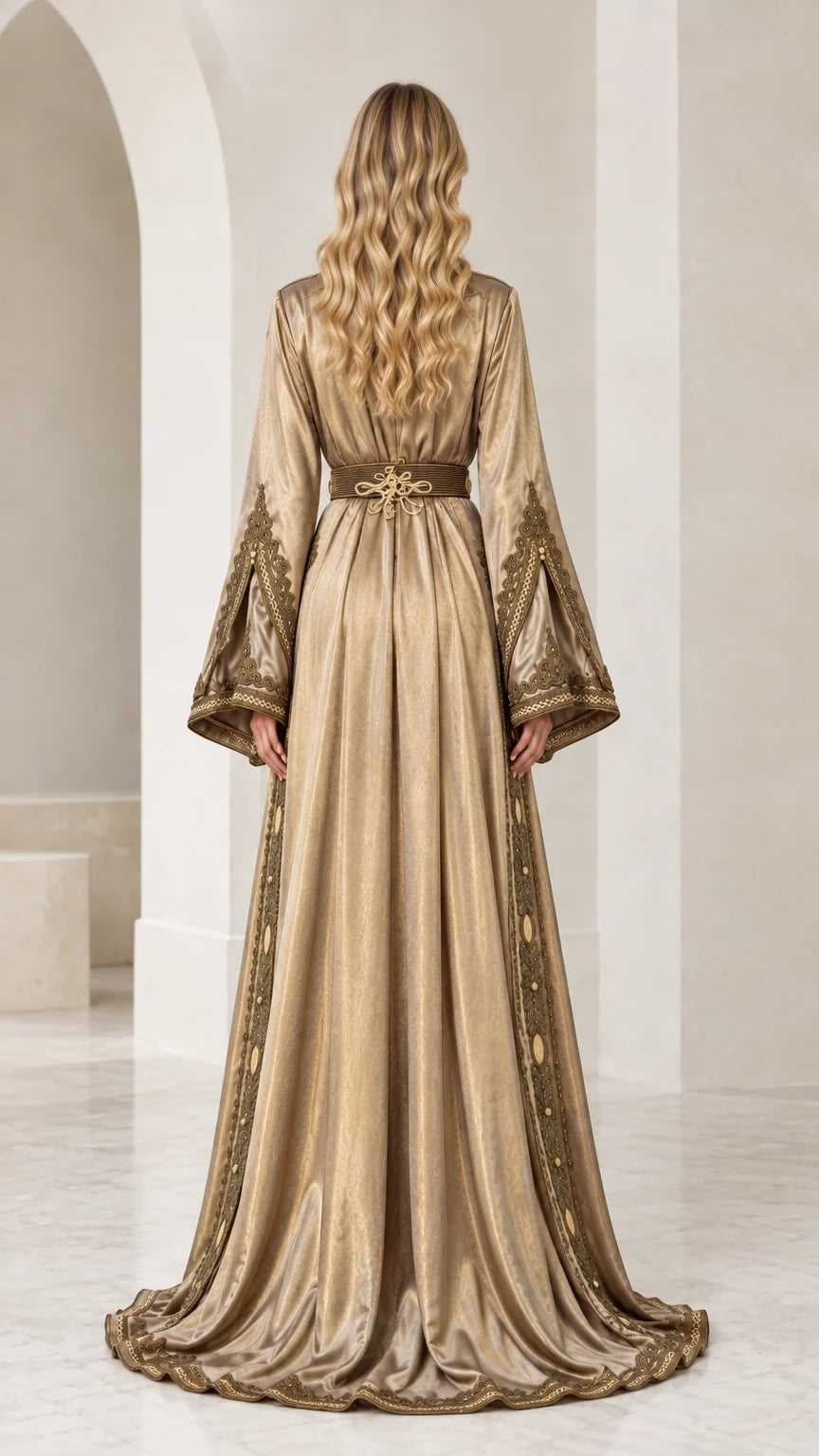 Back view of Champagne Gold long evening kaftan dress with belted waist