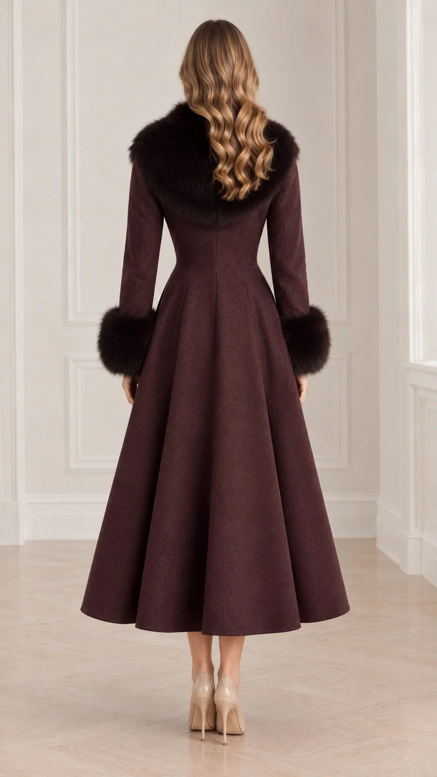 Back view of model wearing Burgundy full A-line swing coat with plush faux fur trim