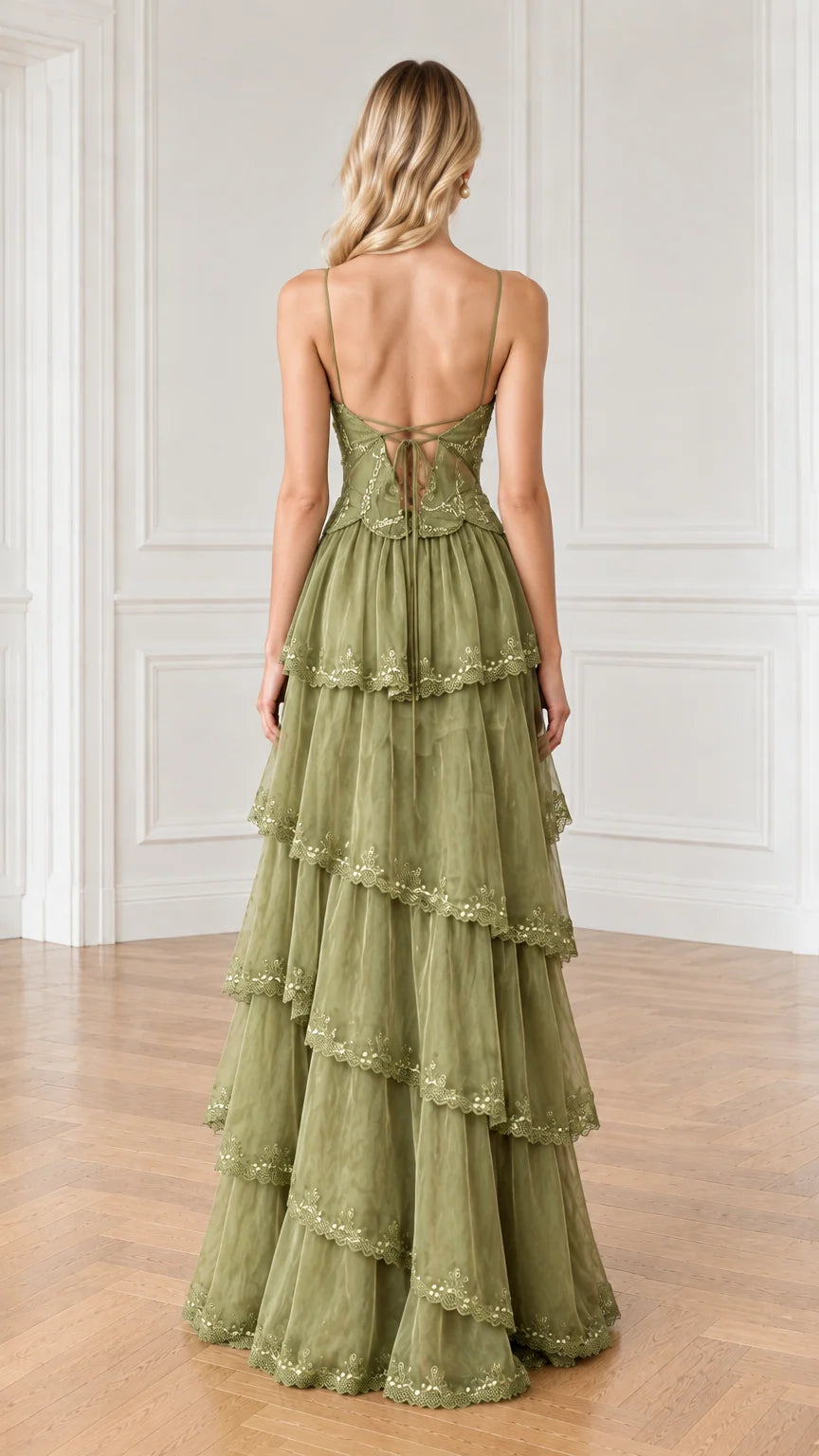 Back view of olive green maxi dress showing delicate lace-up corset detail