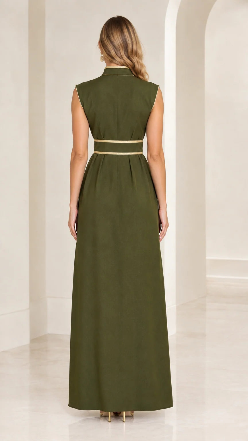 Back view of olive green sleeveless maxi dress showing clean line and stand collar