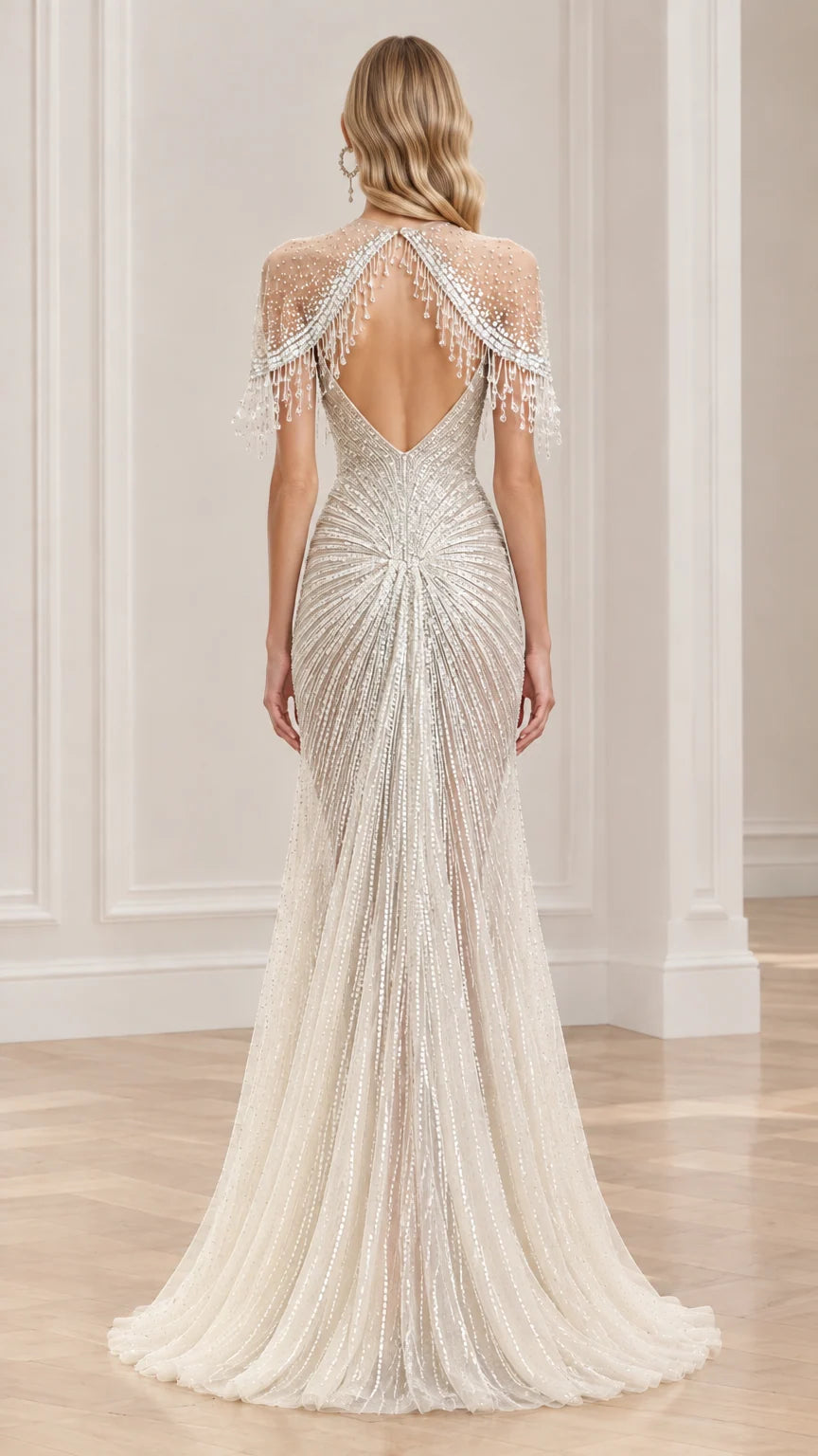 Back view of ivory beaded formal gown showing open keyhole back and subtle train