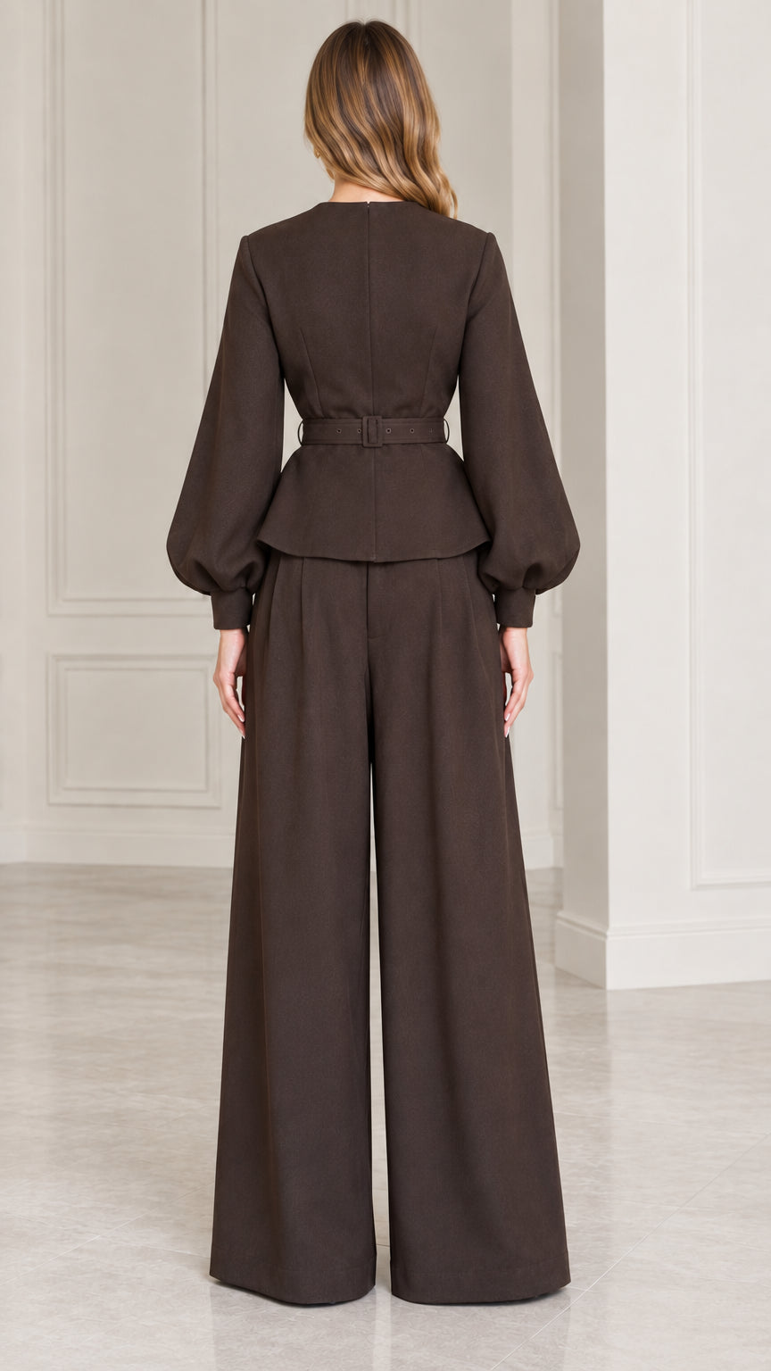 Back full-length view of model in Dark Brown tailored two-piece pant suit
