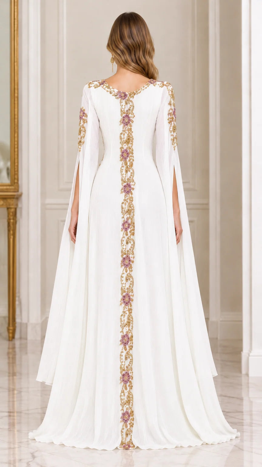 Back view of white formal embroidered gown displaying continuous back trim detail