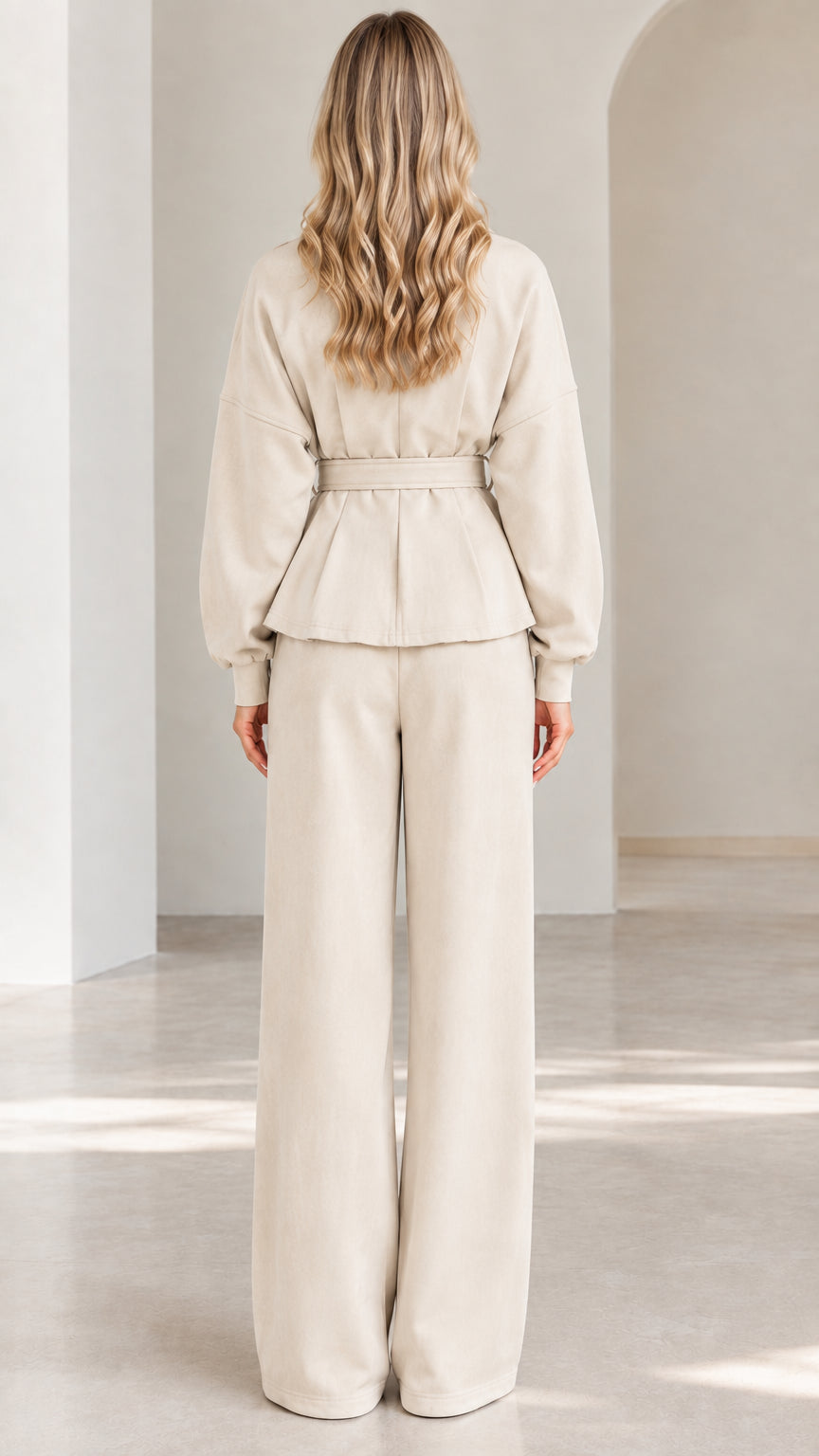Back full-length view of beige two-piece peplum and wide-leg pants set