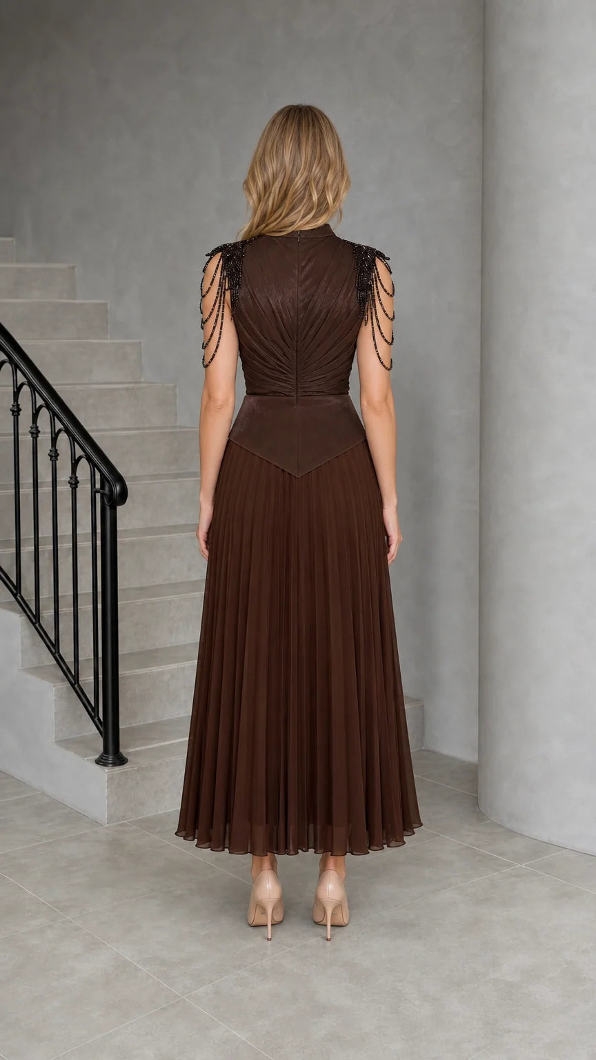 Chocolate Brown Pleated Formal Dress - Back View with Zip Closure