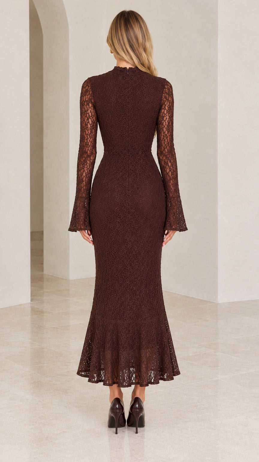 Back full-length view of chocolate brown lace high neck dress with zipper