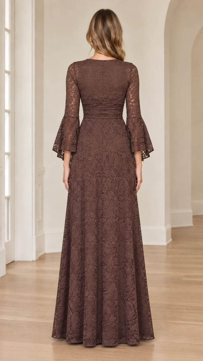 Back view of chocolate brown lace dress showing fitted waist and concealed zipper