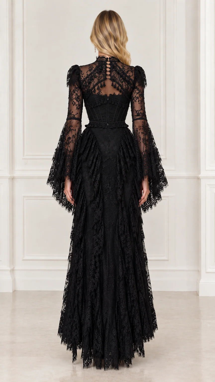 Back view of black high neck lace maxi dress with sheer lace back detailing